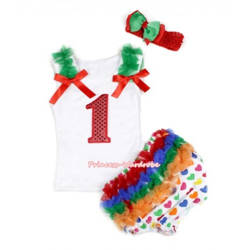 White Baby Pettitop & Kelly Green Ruffles & Red Bows & 1st Sparkle Red Birthday Number Print with White Rainbow Heart Bloomers with Red Headband Green Red Ribbon Bow LD234 
